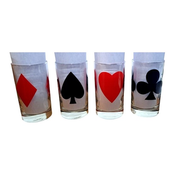 Card Suits Bar Glasses Set of 4 Spades Hearts Clubs Diamonds VERY RARE Poker - Picture 1 of 9